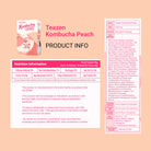 Teazen Kombucha Peach product information sheet on a peach background