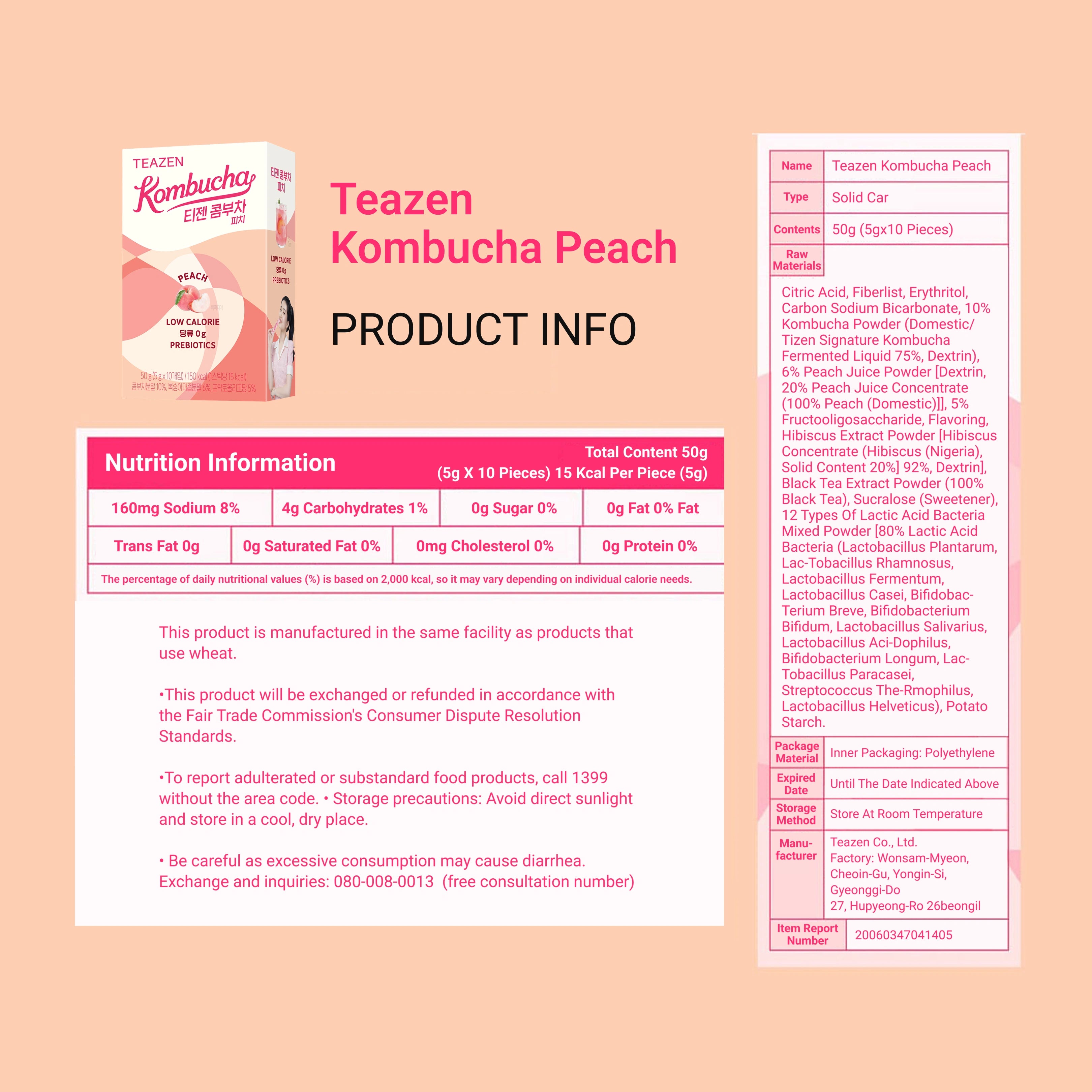 Teazen Kombucha Peach product information sheet on a peach background