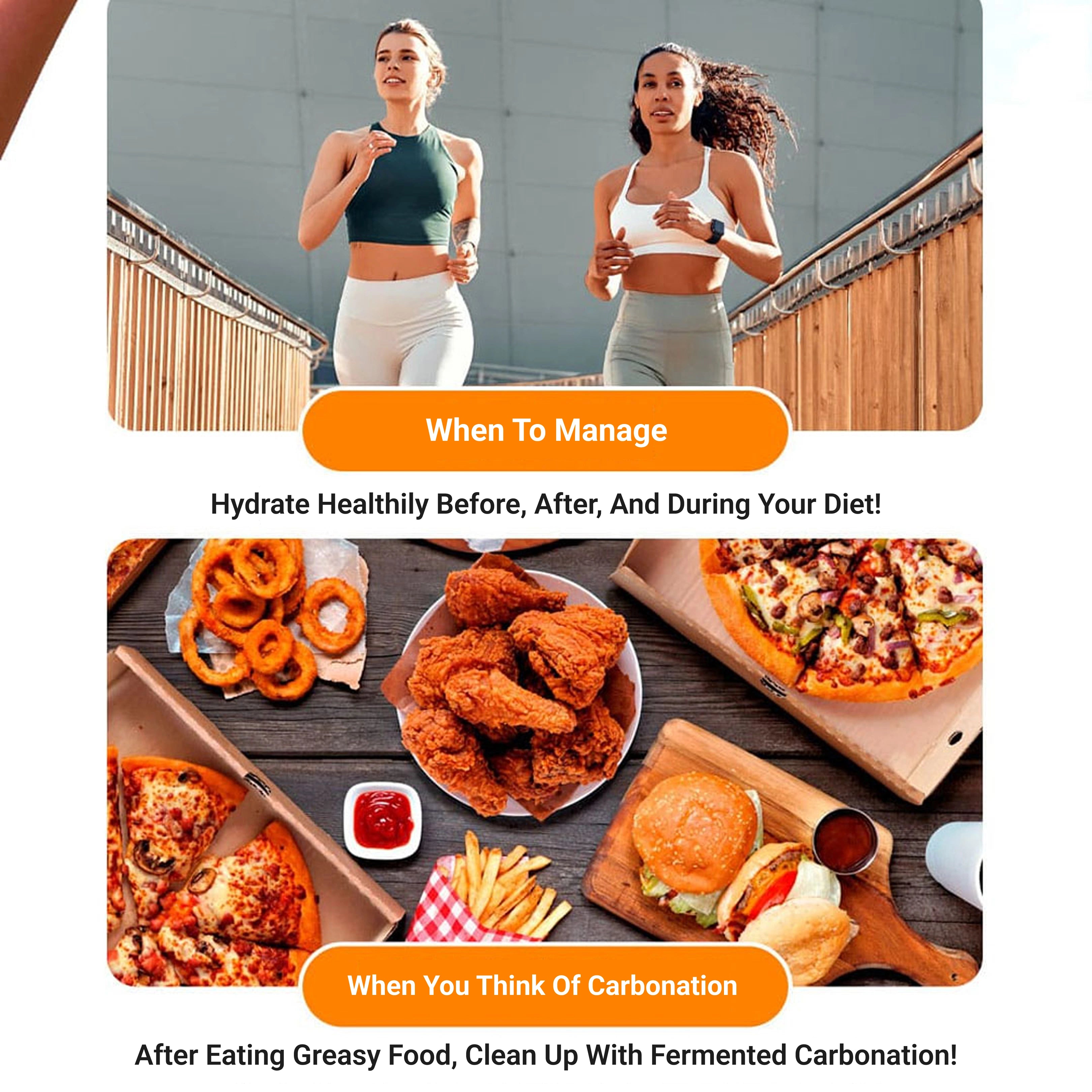 Two women running with a banner about dieting and hydration, followed by images of greasy food and fermentation.