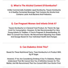 Text answering questions about alcohol content, consumption by pregnant women and infants, and suitability for diabetics regarding Teazen Kombucha.