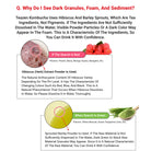 Explanation of dark granules, foam, and sediment in Teazen Kombucha with images and text.