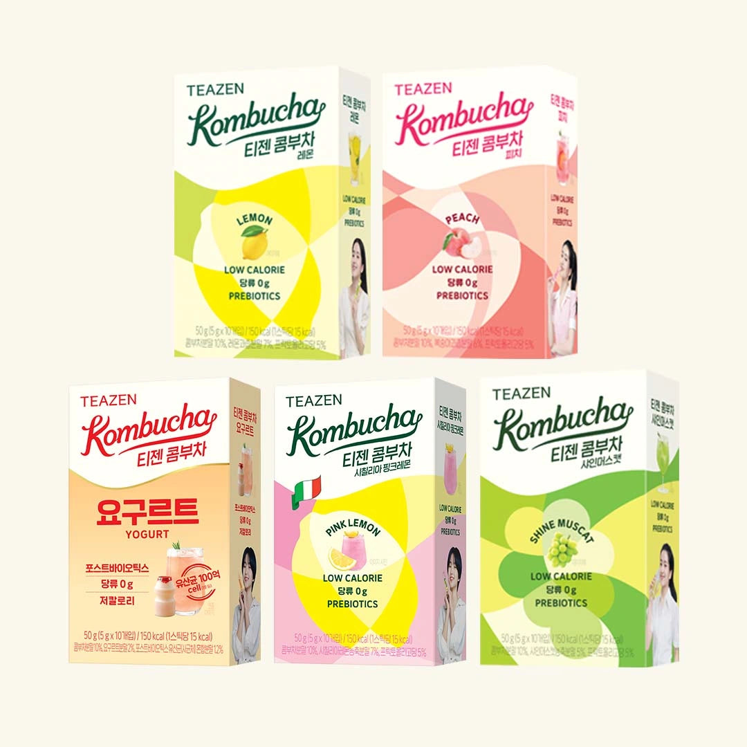 Collection of TEAZEN Kombucha boxes in various flavors on a white background