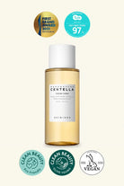 Skincare bottle with certification logos on a white background