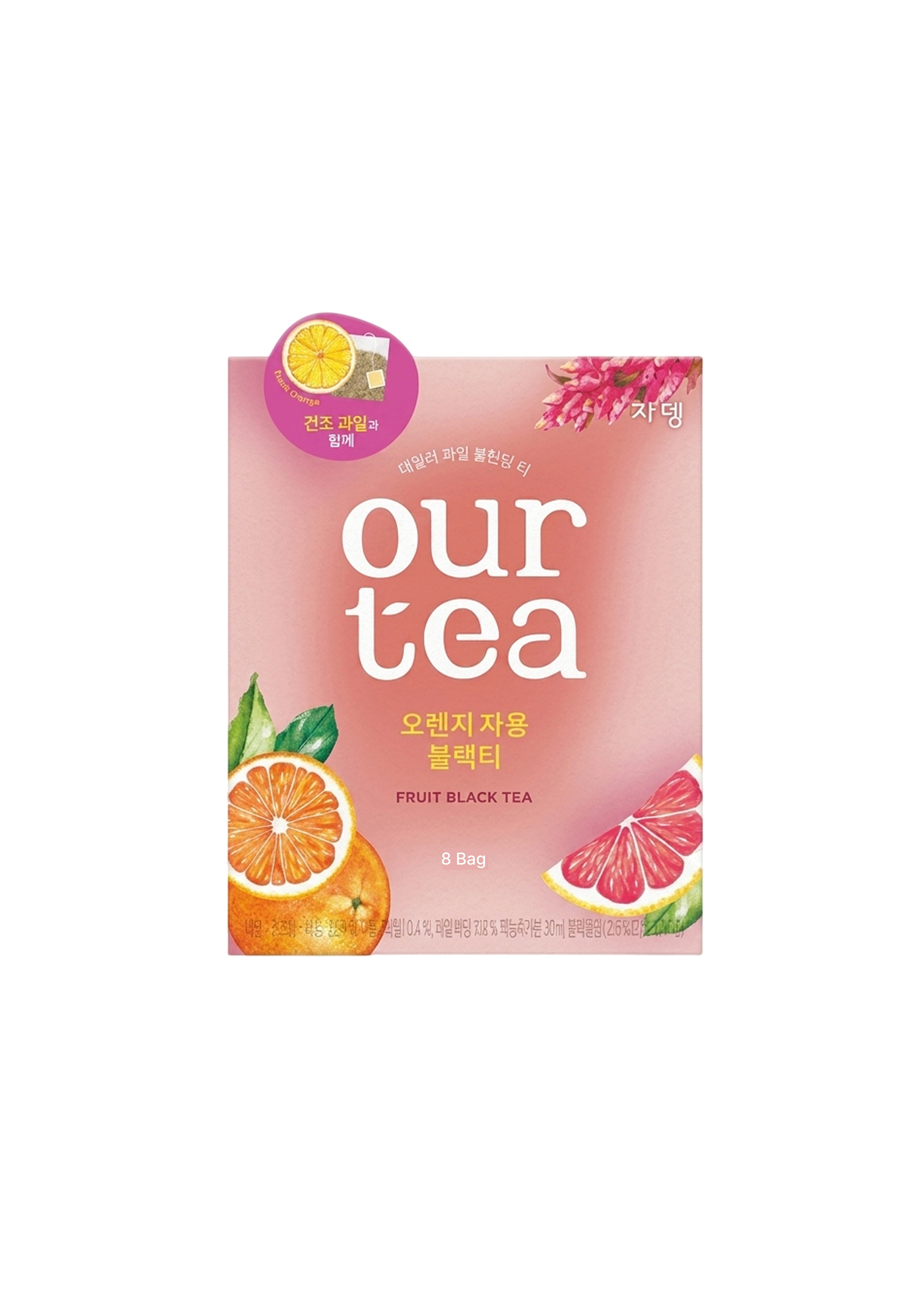 A package of Our Tea Fruit Black Tea in grapefruit and orange flavor, featuring a pink box with illustrations of a grapefruit slice, an orange slice, and green leaves, on a white background.