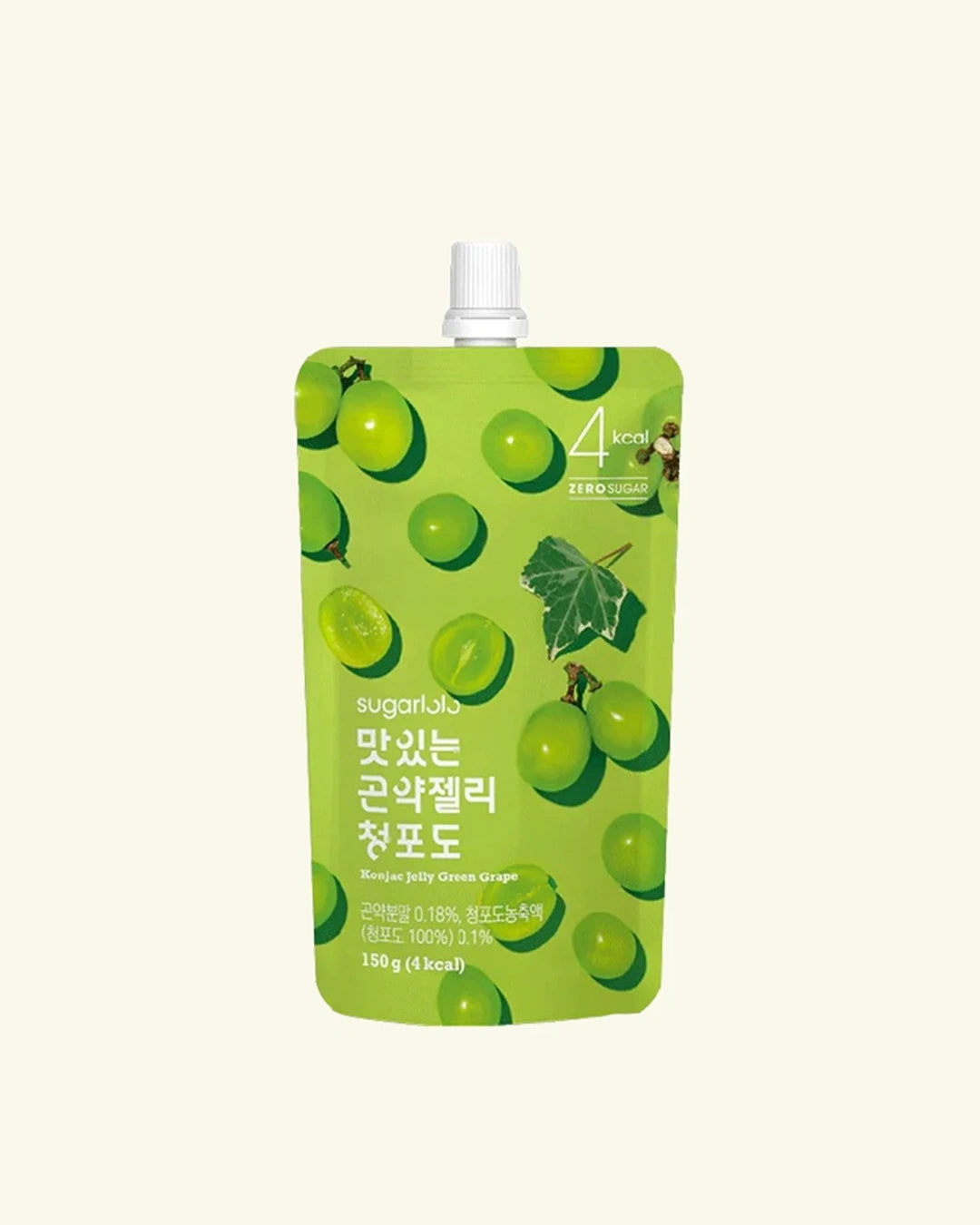 A green stand-up pouch of sugarlife grape flavored juice with a white spout cap, shown on a solid cream background.