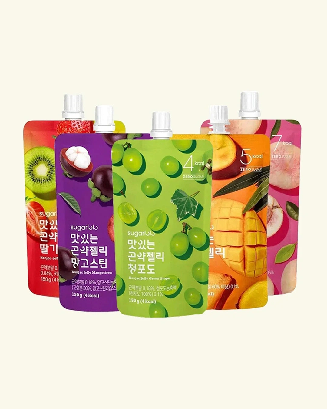 Five colorful stand-up pouches of sugarlab fruit drink mix arranged in a fan shape on a light cream background. The pouches feature different fruit illustrations and Korean text, including red strawberry, purple passionfruit, green grape, orange mango, and pink peach flavors.