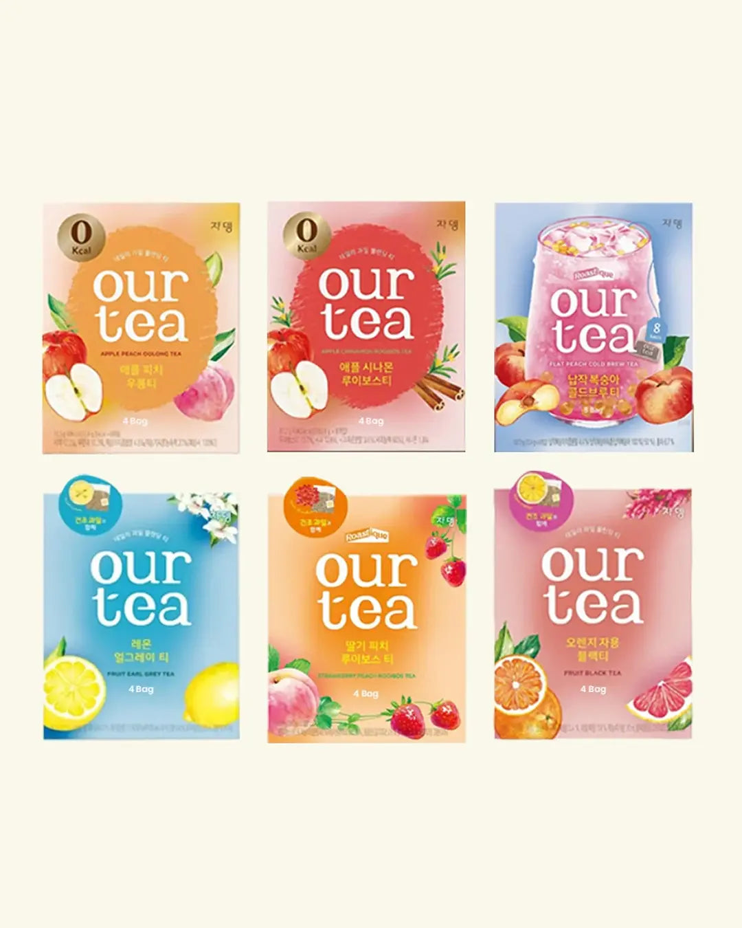 Six colorful 'our tea' beverage pouches arranged in a 2x3 grid on a light cream background. The packages feature different fruit illustrations and flavor names in English and Korean, including apple, cinnamon, lemon, peach, strawberry, and grapefruit.