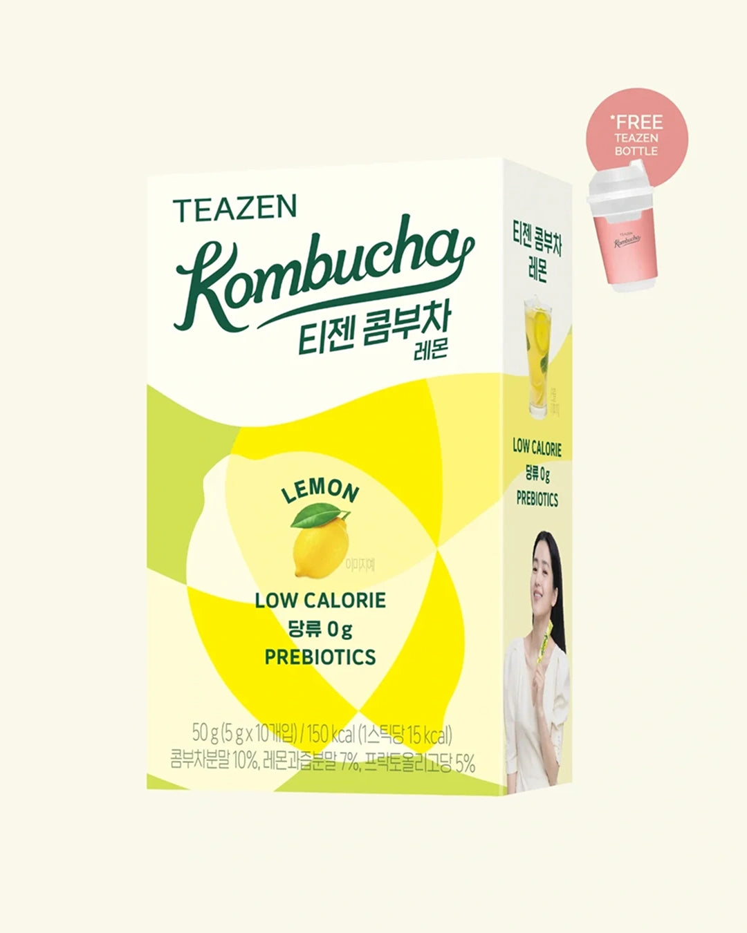 A box of Teazen Kombucha Lemon flavor, featuring a white and yellow design with green branding text. A small pink circular badge on the top right advertises a free lemon bottle.