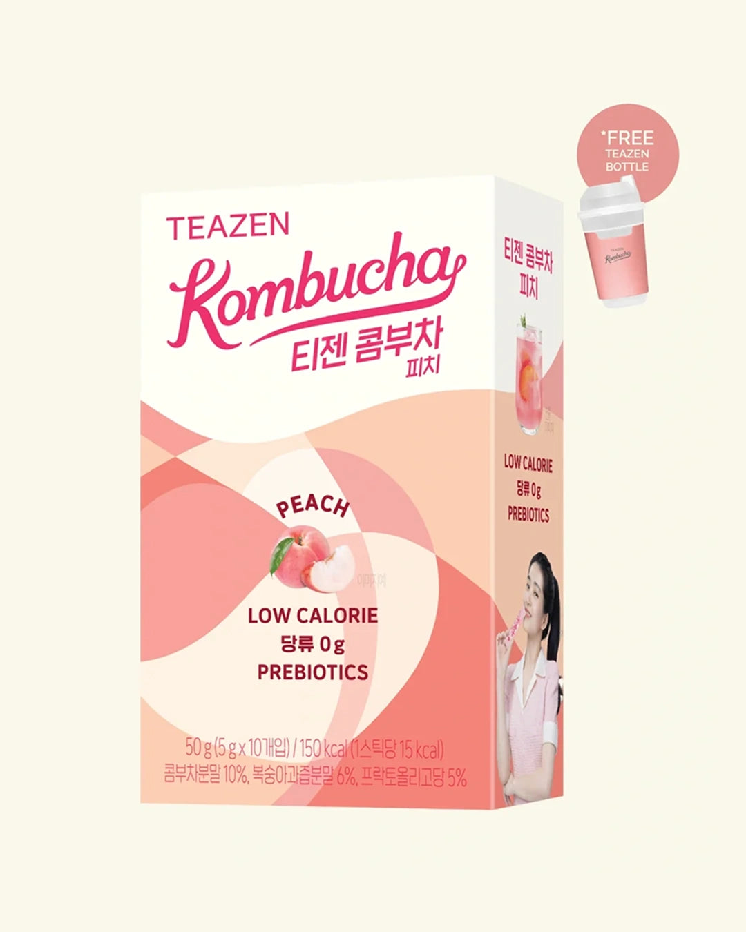 A box of TEAZEN Kombucha Peach flavor, featuring pink and peach graphics, a peach illustration, and a small promotional badge indicating a free prebiotic cup.