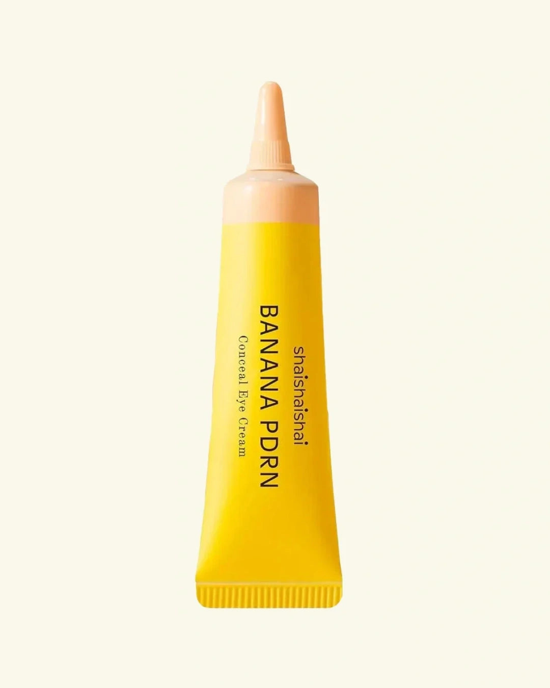 A squeeze tube of shinsimirai Banana PDRN Facial Bump Cream in a bright yellow packaging with a peach-colored applicator tip, centered on a light cream background.