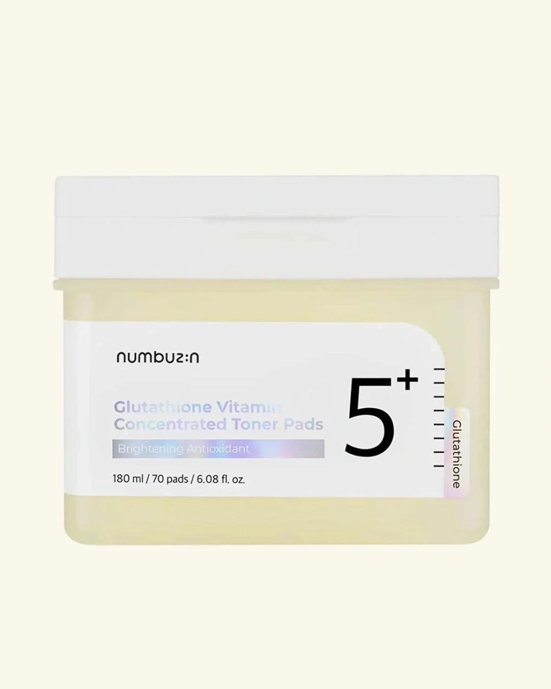 Numbuz·n Glutathione Vitamin 5+ Concentrated Toner Pads in a translucent pale yellow jar with a white lid and white label, shown on a light cream background.