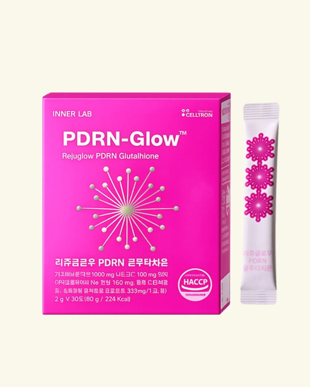 A pink box of INNER LAB PDRN-Glow Rejiglow PDRN Glutathione alongside a single white sachet with three pink flower-like graphics, set against a light cream background.