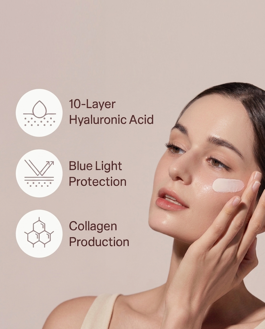 A woman with a skincare cream on her cheek touching her face, set against a warm beige background with three white circular icons and text highlighting key benefits: 10-Layer Hyaluronic Acid, Blue Light Protection, and Collagen Production.