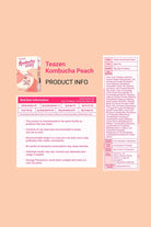 Teazen Kombucha Peach product information sheet on a peach background