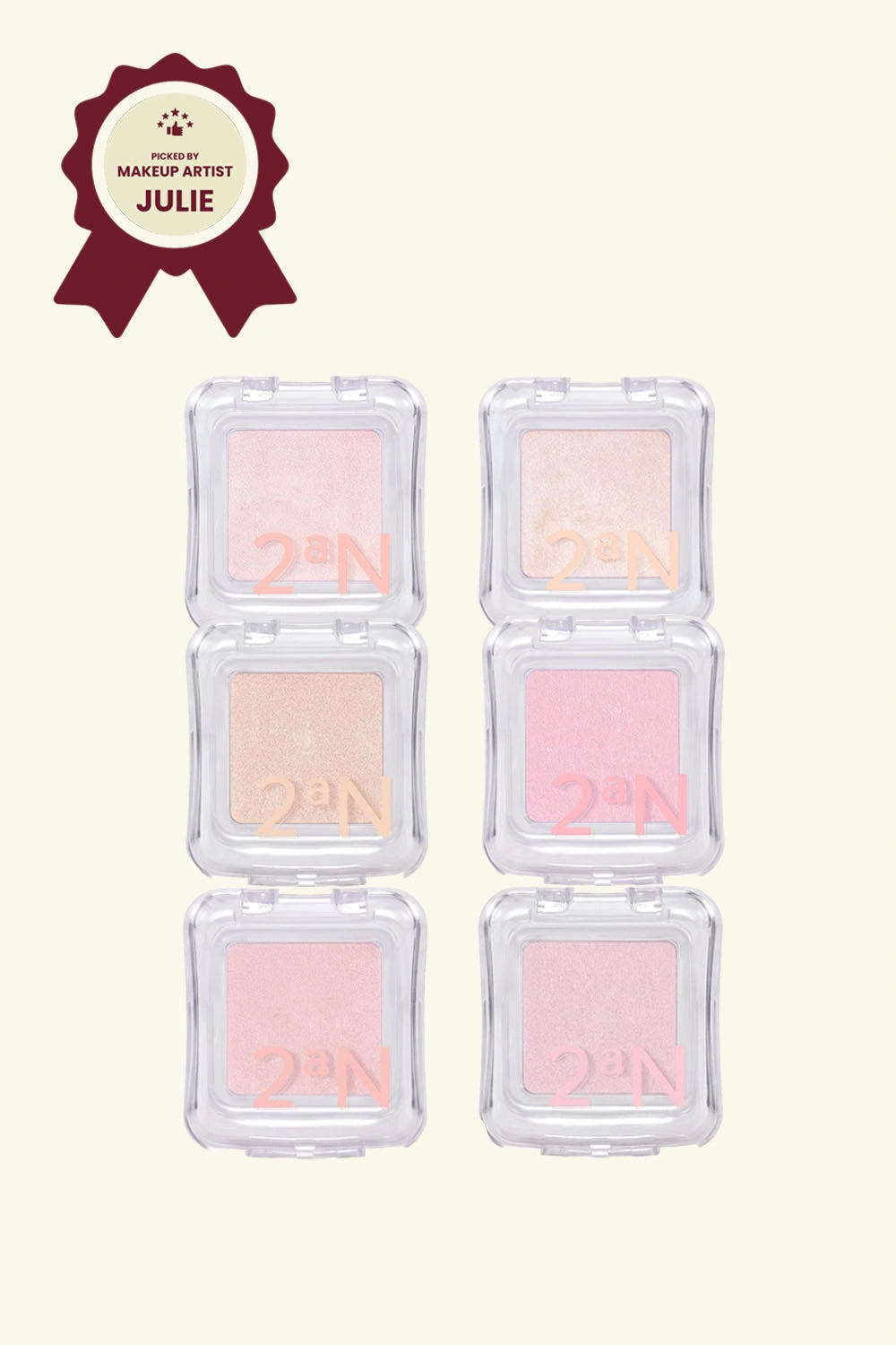 Set of six square makeup products with pink shades in clear cases, branded '2N1'.