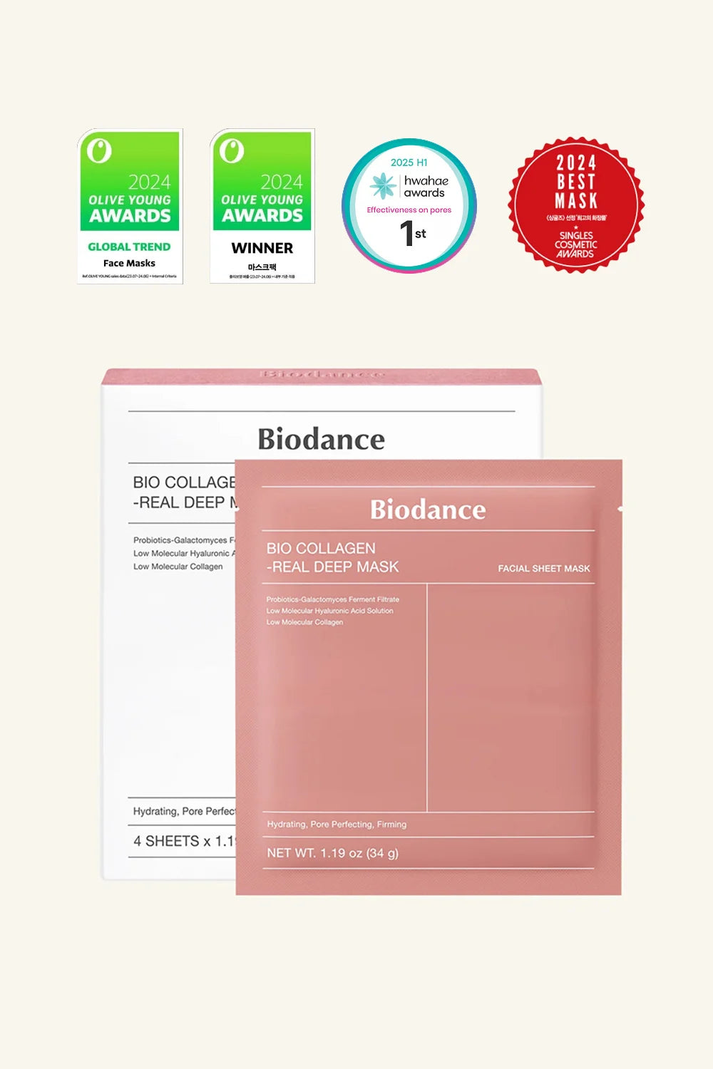 Biodance Bio Collagen Real Deep Mask packaging with awards on a white background