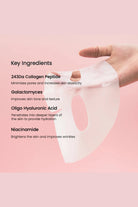 Skincare mask with key ingredients listed on a pink background