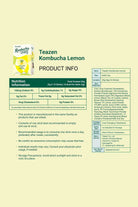 Teazen Kombucha Lemon product information sheet with nutrition facts and manufacturing details.