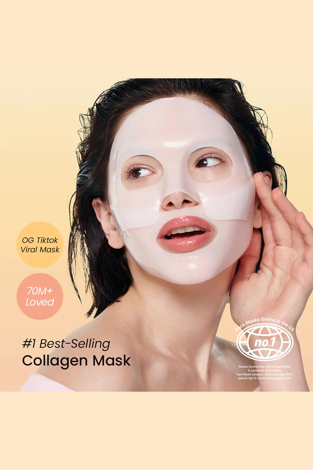 Woman wearing a collagen mask with promotional text on a beige background